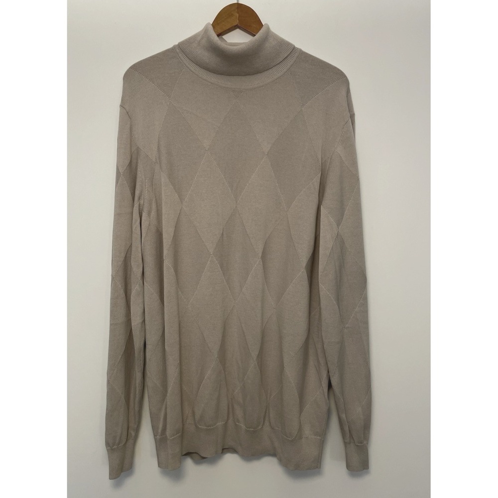 Alfani Men's Beige/Gray Argyle Turtleneck Sweater Size XXL Preppy Cotton‎ Blend